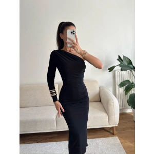 Tek Omuz Drapeli Elbise - SİYAH