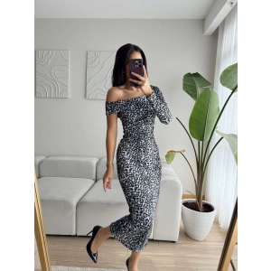 Tek Omuz Leopar Desen Uzun Elbise - SİYAH