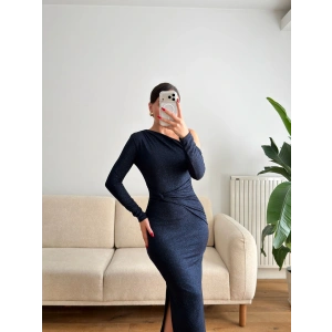 Tek Omuz Simli Drapeli Elbise- LACİVERT