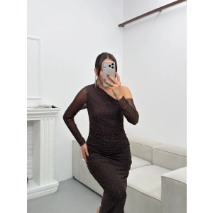 Tek Omuz Taşlı Tül Elbise - KAHVE