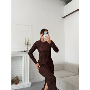 Ters Dikiş Yırtmaçlı Elbise - KAHVE