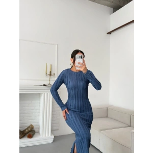 Ters Dikiş Yırtmaçlı Elbise - MAVİ