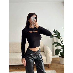 Tokalı Çift Pencere Crop - SİYAH