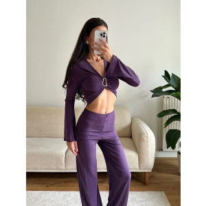 Tokalı Kruvaze Crop & Pantolon Takım - MOR