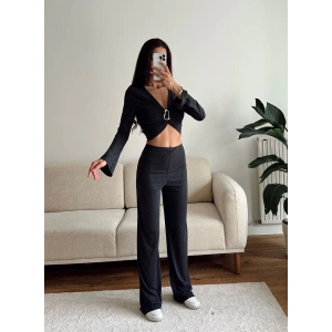 Tokalı Kruvaze Crop & Pantolon Takım - SİYAH