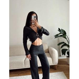 Tokalı Kruvaze Crop & Pantolon Takım - SİYAH