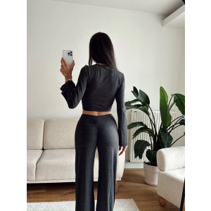 Tokalı Kruvaze Crop & Pantolon Takım - SİYAH