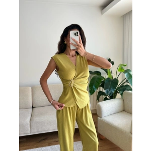 Tokalı Kruvaze Pantolon Takım - YAĞ YEŞİLİ