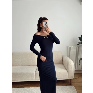 Tokalı Madonna Long Elbise - LACİVERT