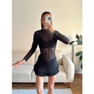 Transparan Dantel Bluz - SİYAH