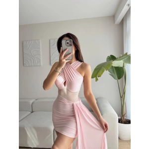 Tül Detay Çapraz Askılı Elbise - PEMBE