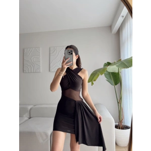 Tül Detay Çapraz Askılı Elbise - SİYAH