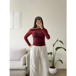 Tül Detay Kayık Yaka Bluz - BORDO
