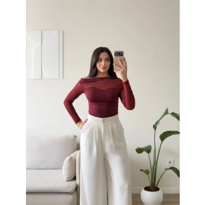 Tül Detay Kayık Yaka Bluz - BORDO