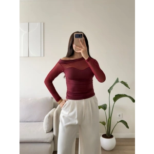 Tül Detay Kayık Yaka Bluz - BORDO