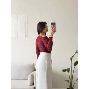 Tül Detay Kayık Yaka Bluz - BORDO