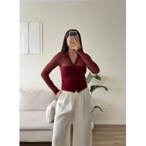 Tül Detay Polo Yaka Bluz - BORDO