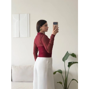 Tül Detay Polo Yaka Bluz - BORDO