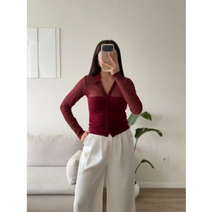 Tül Detay Polo Yaka Bluz - BORDO