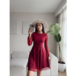 Tül Detay Sırt Dekolte Elbise - BORDO