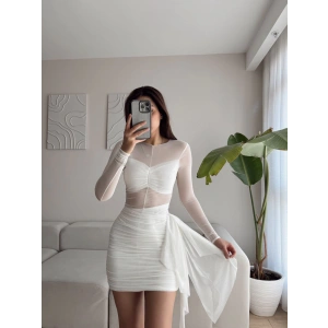 Tül Detay Tasarım Elbise - BEYAZ