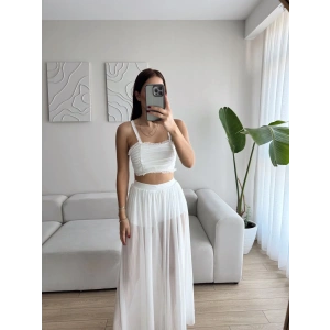 Tül Etek Kare Yaka Crop Takım - BEYAZ