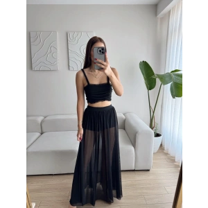 Tül Etek Kare Yaka Crop Takım - SİYAH