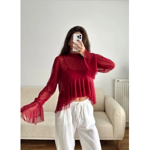 Tül Volanlı Tasarım Bluz - BORDO
