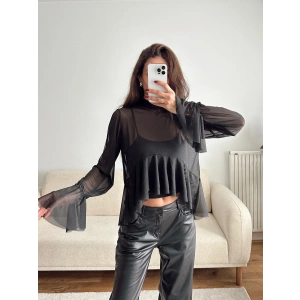 Tül Volanlı Tasarım Bluz - SİYAH