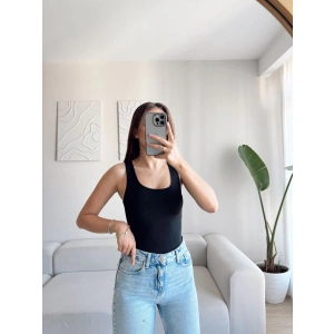 U Yaka Astarlı Crop - SİYAH