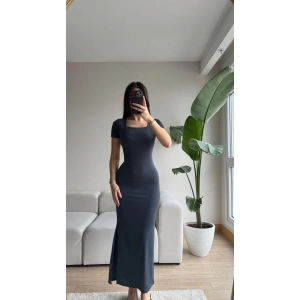 U Yaka Uzun Sandy Elbise-FÜME