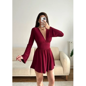 V Dekolte Şortlu Elbise - BORDO