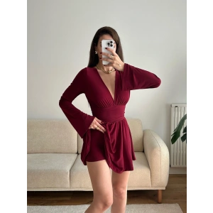 V Dekolte Şortlu Elbise - BORDO