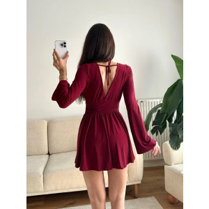 V Dekolte Şortlu Elbise - BORDO