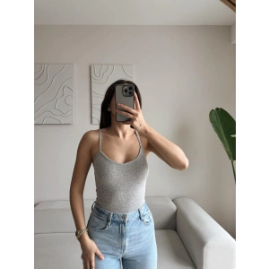 V Yaka Askılı Crop - GRİ