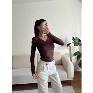 V Yaka Belize Kumaş Crop - KAHVE