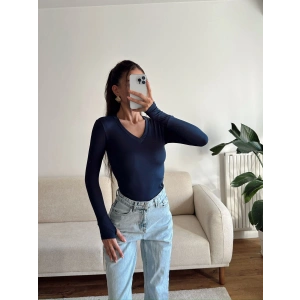 V Yaka Belize Kumaş Crop - LACİVERT