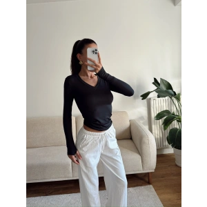 V Yaka Belize Kumaş Crop - SİYAH