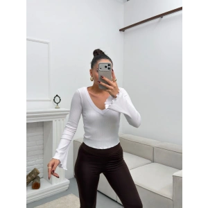 V Yaka Kol İspanyol Crop - BEYAZ