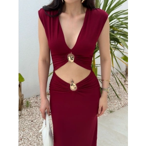 V Yaka Pencere Detay Elbise - BORDO