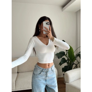 V Yaka Uzun Kol Crop. - BEYAZ