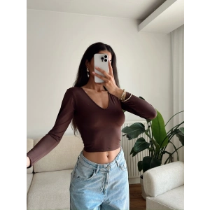 V Yaka Uzun Kol Crop - KAHVE