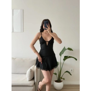 Valentina Dantel Detaylı Mini Elbise - SİYAH