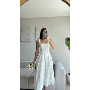 Valeria Kare Yaka Midi Elbise - BEYAZ