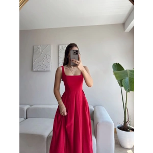 Valeria Kare Yaka Midi Elbise - KIRMIZI