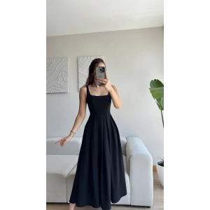 Valeria Kare Yaka Midi Elbise - SİYAH