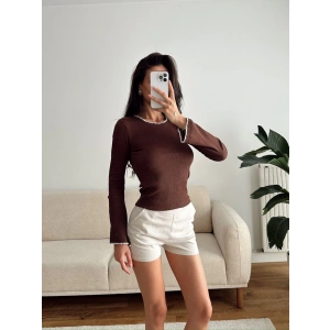 Volan Kol Kontrast Bluz - KAHVE