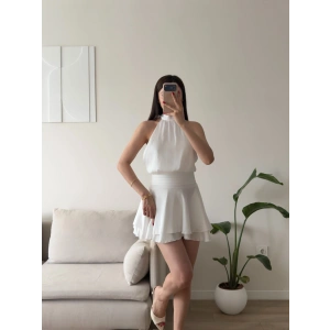 Volanlı Halter Yaka Mini Elbise - BEYAZ