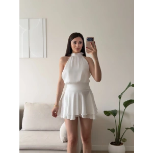 Volanlı Halter Yaka Mini Elbise - BEYAZ