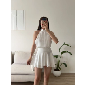 Volanlı Halter Yaka Mini Elbise - BEYAZ